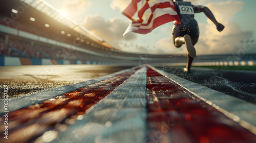 Triumphant Champion: Crossing the Finish Line in a Thrilling 3D Flag Race photo