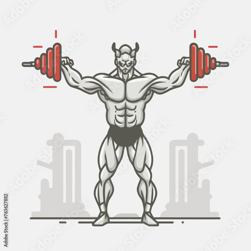 red white black modern style minimalist lines of a strong muscle pose strong body builder anatomy man at gym with bundle Doing exercises in all body positions using different gym equipment
