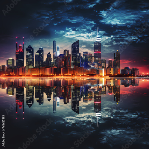 A city skyline at night with reflections in the water © Cao
