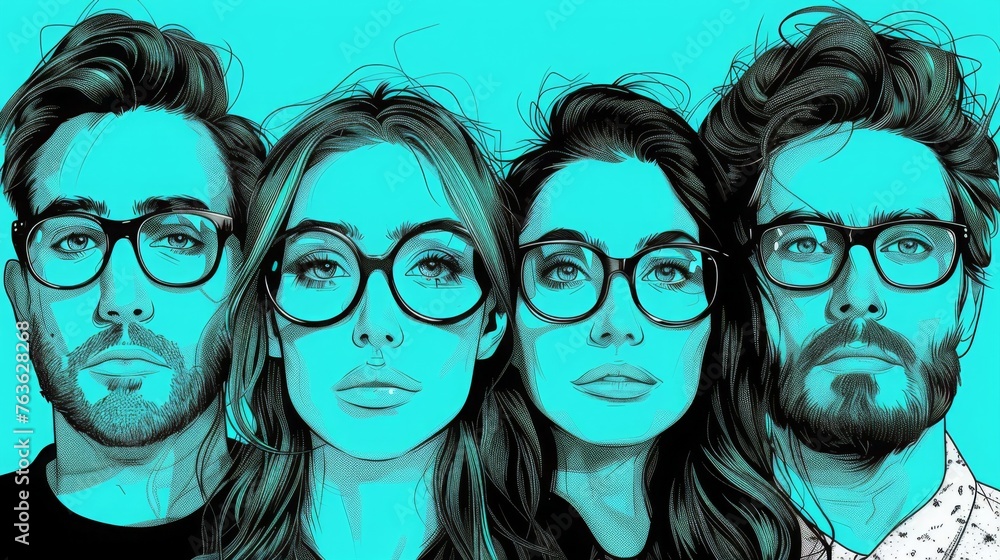 Black and white vector line drawing, a group of attractive male and feamle gen-Zs in a digital agency Black and white vector line drawing, a group of attractive male and feamle gen-Zs in a digital agency