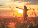Joyful Young Woman Embracing Nature at Sunset in Flower Field