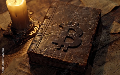 Cryptocurrency meets historic finance: Bitcoin atop leather-bound book
