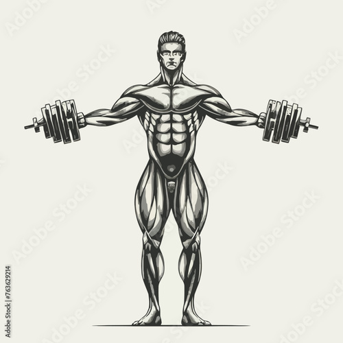 red white black modern style minimalist lines of a strong muscle pose strong body builder anatomy man at gym with bundle Doing exercises in all body positions using different gym equipment
