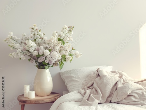 Stylish Bedroom with Unmade Bed and Delicate Flowers on a Solid Cream Background. Generative AI.