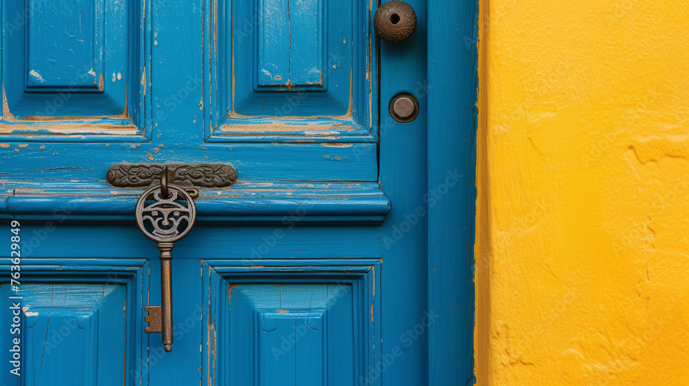 A classic blue door with intricate panels, slightly open. An old-fashioned iron key hangs from the keyhole, set against a mustard yellow background.