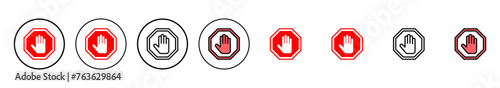 Stop icon vector illustration. stop road sign. hand stop sign and symbol. Do not enter stop red sign with hand