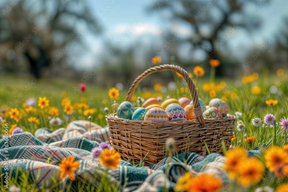Wicker basket full of decorated easter eggs sits amidst wildflowers in a vibrant spring field Wicker basket full of decorated easter eggs sits amidst wildflowers in a vibrant spring field