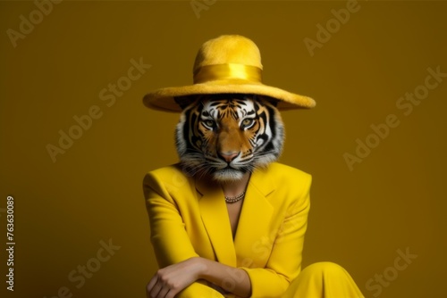 a tiger in a yellow dress hat, being stylish and fashioned