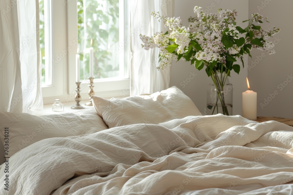 Peaceful Bedroom Retreat with Soft Linens and Natural Light on a Solid White Background. Generative AI. Peaceful Bedroom Retreat with Soft Linens and Natural Light on a Solid White Background. Generative AI.