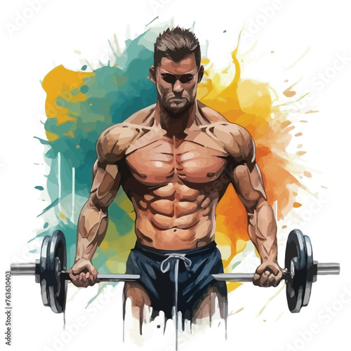red white black modern style minimalist lines of a strong muscle pose strong body builder anatomy man at gym with bundle Doing exercises in all body positions using different gym equipment
