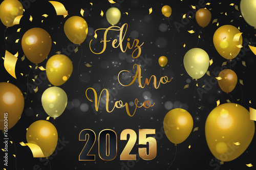 cartão ou banner para desejar um feliz ano novo 2025 em ouro sobre um fundo gradiente preto com círculos brancos em efeito bokeh e serpentinas douradas em cada lado dos balões