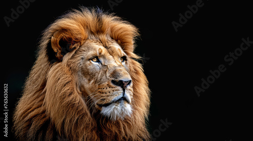 The majestic Lion King stands isolated against a black background, portraying the regal essence of this iconic wildlife animal in a portrait.