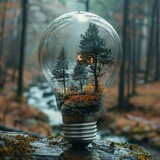 Surreal trees in inside a light bulb, wild nature in the background