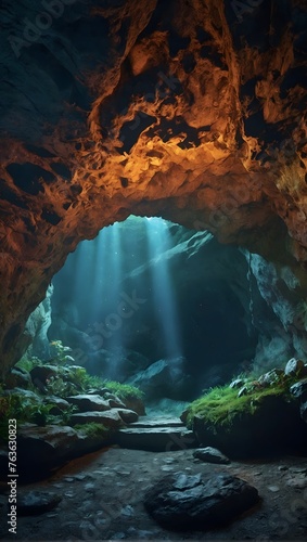 Mystical Cave with Celestial Light Beam