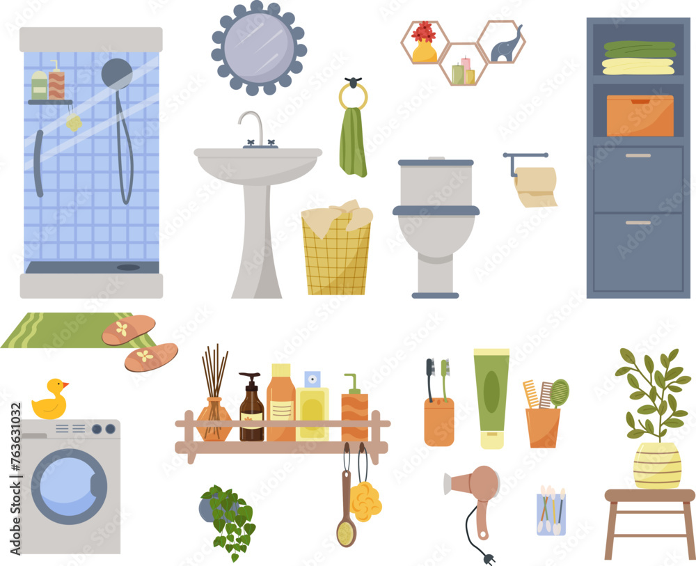 A set of items for a bathroom with a shower stall. Washing machine and wardrobe, sink with mirror, laundry basket and towels. Personal care items. Flat vector. A set of items for a bathroom with a shower stall. Washing machine and wardrobe, sink with mirror, laundry basket and towels. Personal care items. Flat vector.