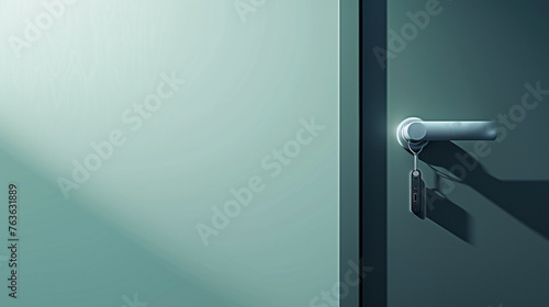 A sleek, metallic grey door ajar, with a high-tech digital key fob hanging from the door handle. The backdrop is a soft mint green, providing a modern feel.