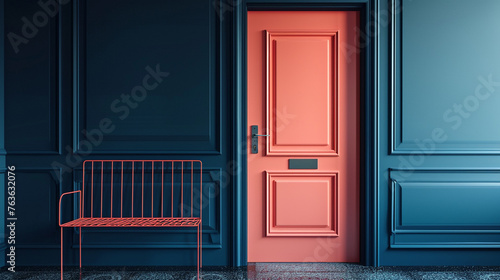 A soft coral door slightly ajar, with a modern key card lying on a sleek metal bench. The background is a navy blue, contrasting the door's warm hues.