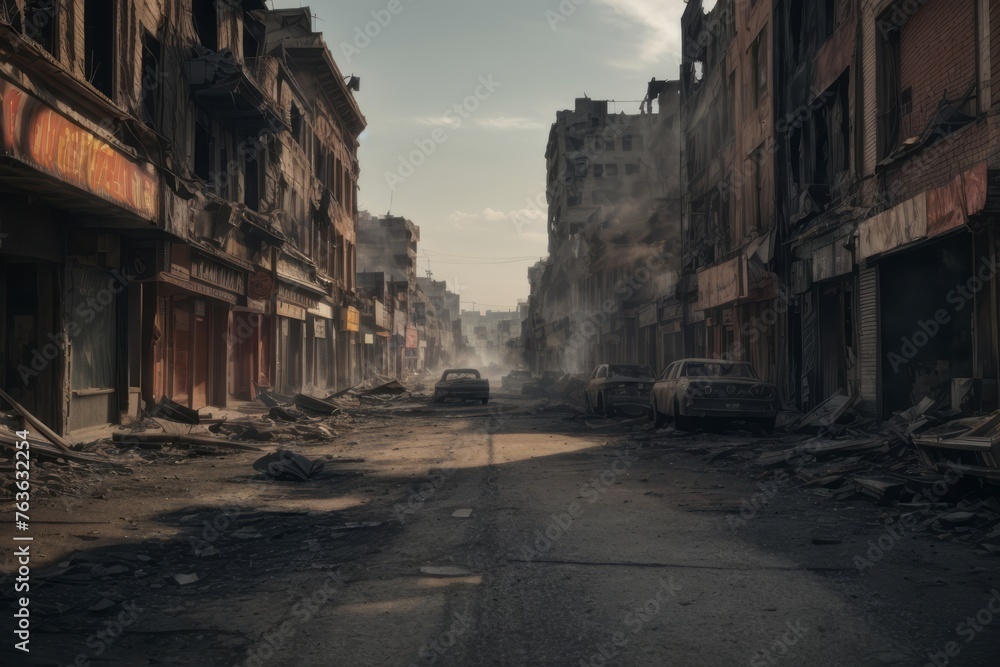 Apocalyptic view of city center with empty street and burning building destroyed by war