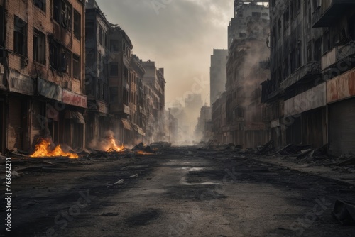 Apocalyptic view of city center with empty street and burning building destroyed by war