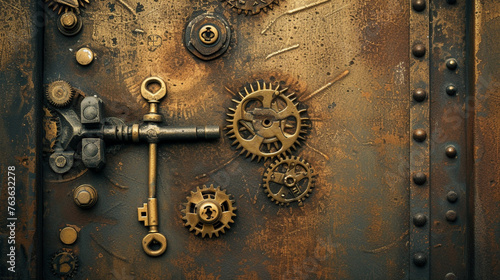 A steampunk-inspired brass door, adorned with mechanical gears, with vintage keys on a sepia-toned background reminiscent of old photographs.
