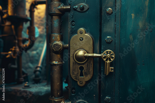 A steampunk-inspired brass door slightly open, with a mechanical key in the keyhole, against a backdrop of industrial wonders.