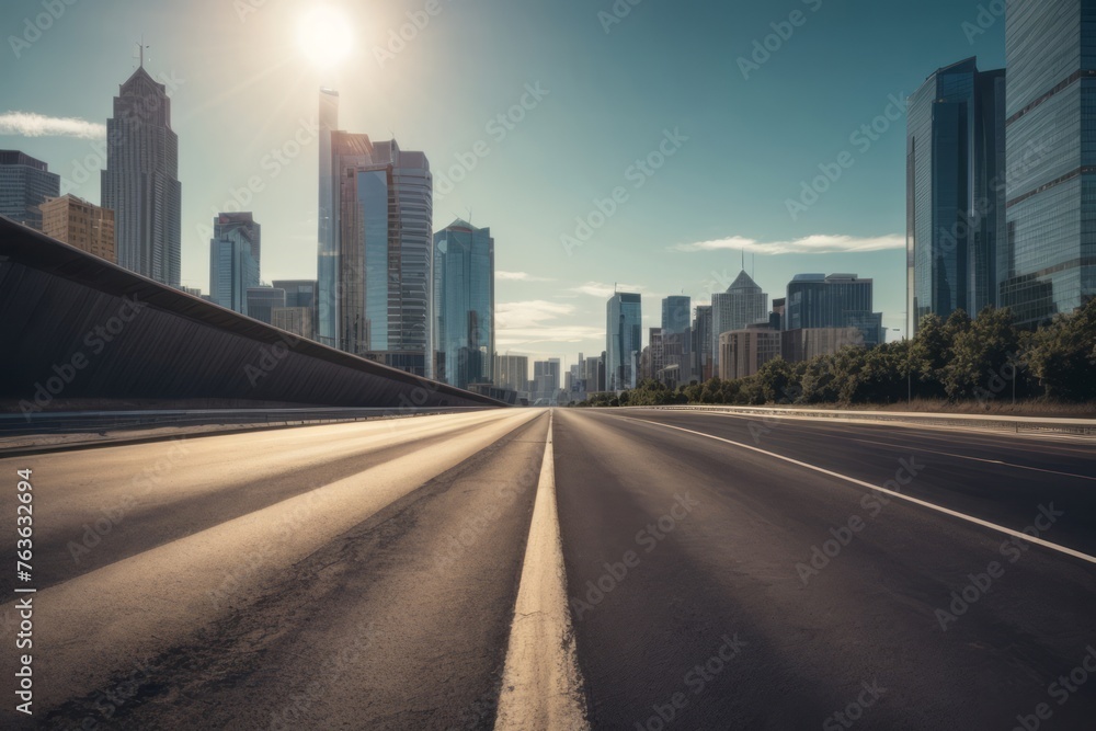 empty asphalt road with city skyline with modern high buildings empty asphalt road with city skyline with modern high buildings