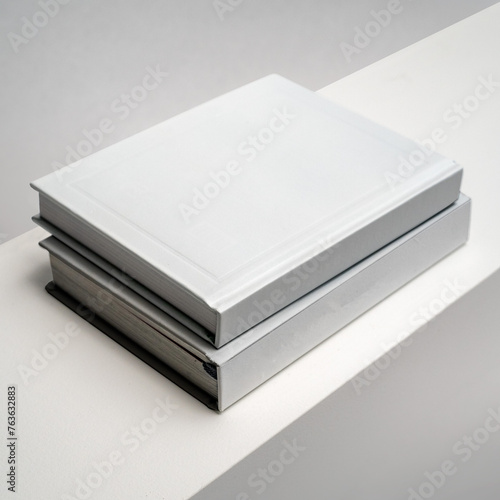 Two Hardcover books STACKED. Matte white. Blank book mockup. Textured paper. (real photo) 3D render. Spine out.  (ID: 763632883)