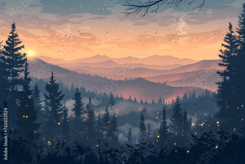 Dusky Sunset Landscape: Serene Forest with Shimmering Fireflies