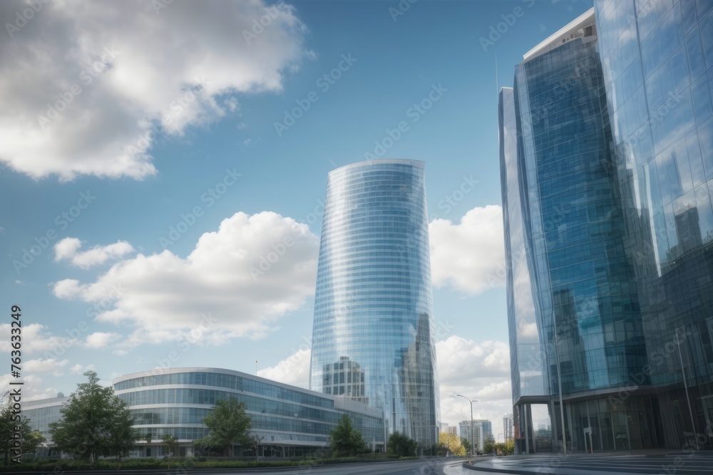 Modern high-rise office building business center made of glass developing