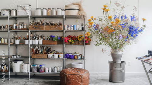 Artist's loft studio, with a bright white wall, distressed leather pouf, and metal shelves overflowing with art supplies and a rustic vase of colorful wildflowers. 