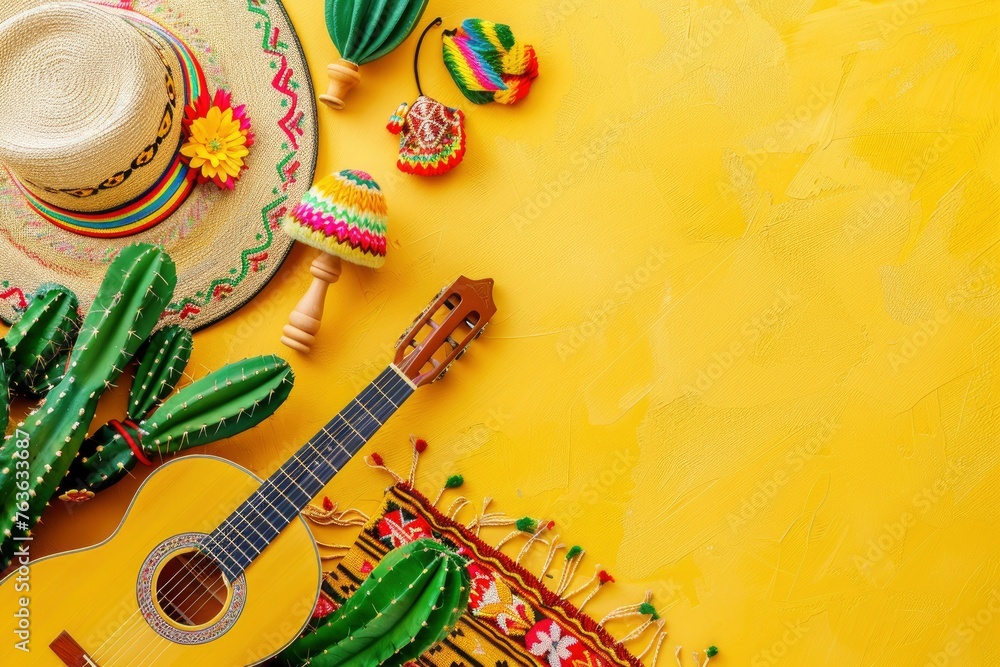 Mexican Cinco de Mayo holiday background with mexican cactus,guitars, sombrero hat, maracas, Bright yellow flat lay with traditional Cinco de Mayo decor and party accessories - generative ai - obrazy, fototapety, plakaty 