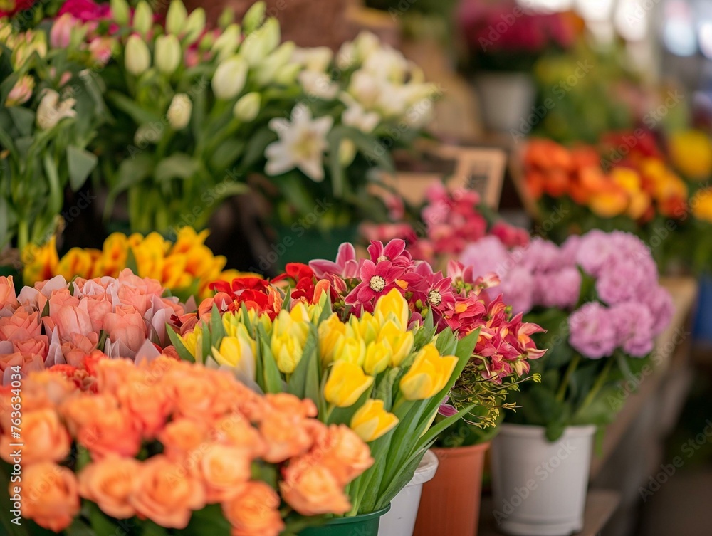 Vibrant Flower Market Stall with Variety of Fresh Flowers
