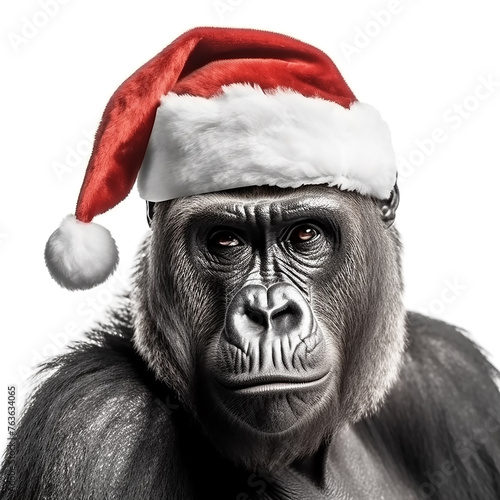 A gorilla in a red Santa Claus hat isolated on white background. Christmas and New Year celebration concept. photo