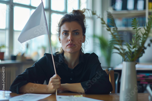 Burnt Out White Woman Waving White Flag at Work, Quiet Quitting or Retiring