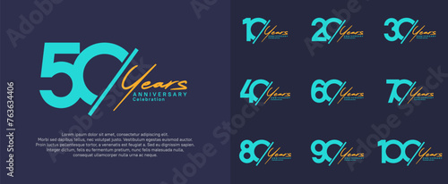 anniversary logotype vector design with slash and orange handwriting blue color for special day