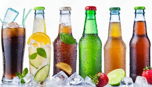Chilled Delights: Assorted Ice-Cold Beverage Bottles Isolated on White Background - Water, Beer, Lemonade, and Soda Refreshment Collection