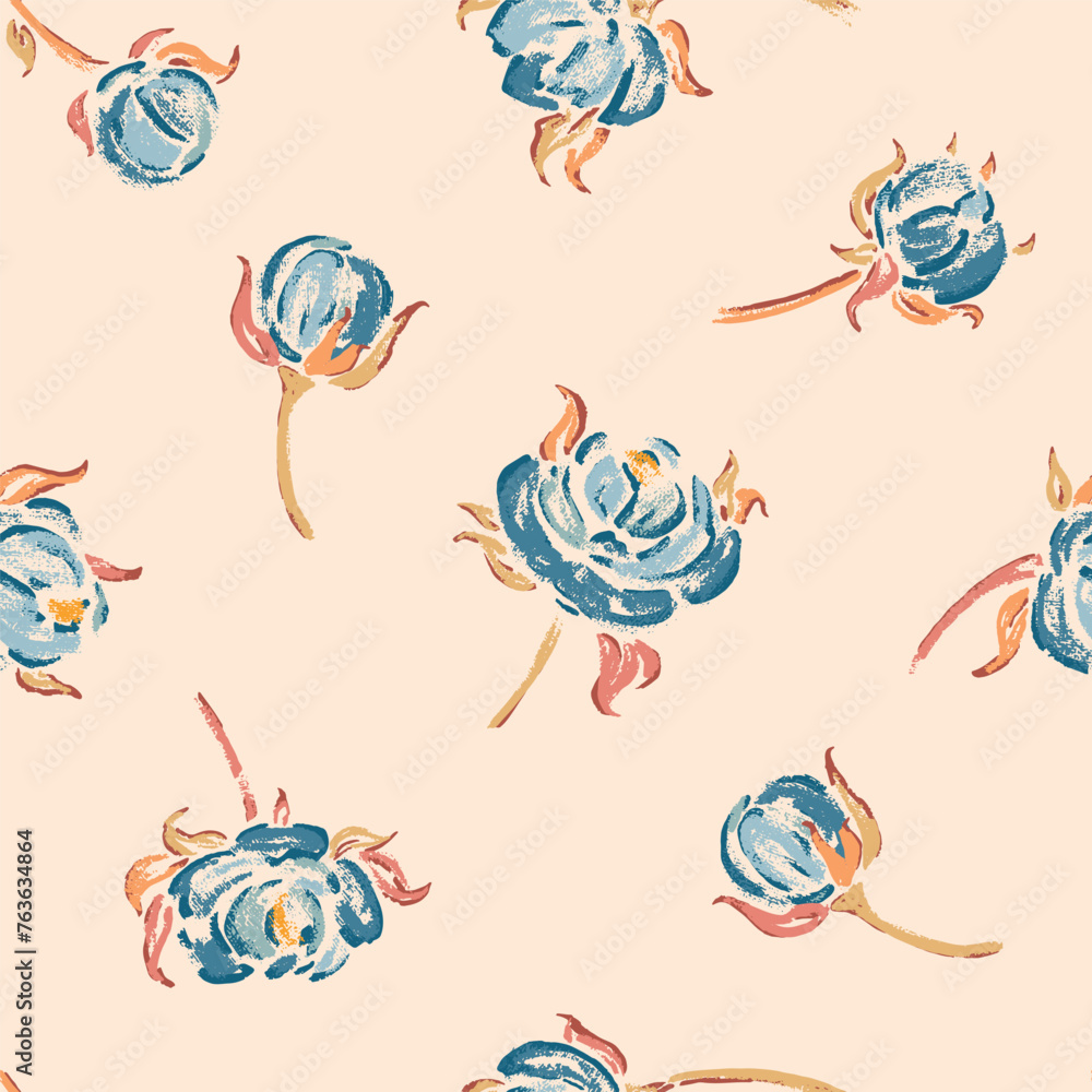 Blue Roses. Rose Flower Seamless Vector Pattern. Flowers and Leaves. Vintage Floral Background