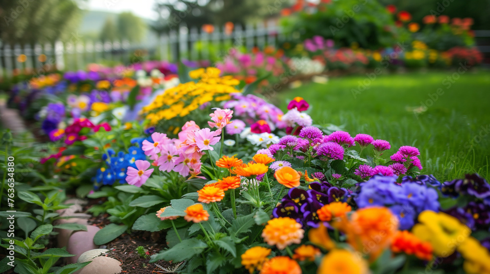 Multi-colored flower bed in the park. Lots of beautiful summer flowers. Lush bright flowering in the garden. Multicolor blooming front garden. Outdoor summer gardening