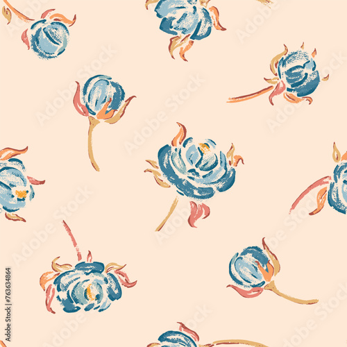 Blue Roses. Rose Flower Seamless Vector Pattern. Flowers and Leaves. Vintage Floral Background