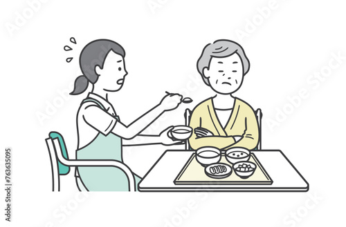 食事介助をする介護士と拒否をする高齢女性のイラスト
