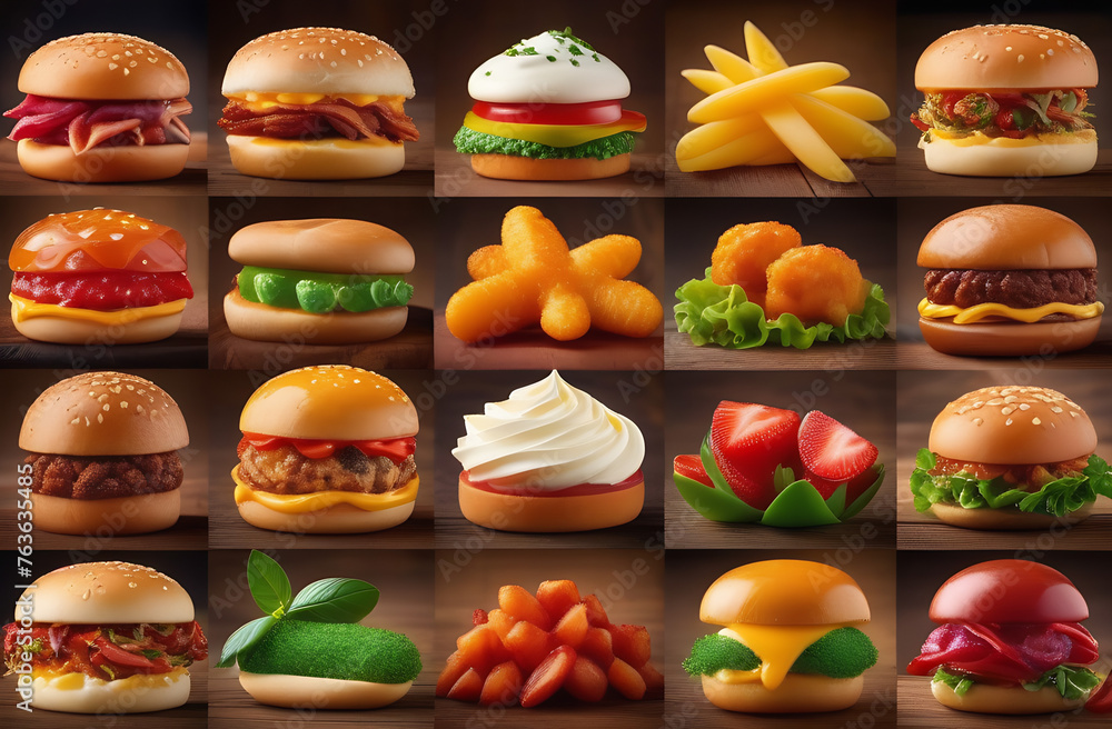 Fast food collection isolated on white background. onion rings, sandwich, fried chicken, pizza slice, hamburger. closeup abstract of different food items food icon set Fast food collection isolated on white background. onion rings, sandwich, fried chicken, pizza slice, hamburger. closeup abstract of different food items food icon set