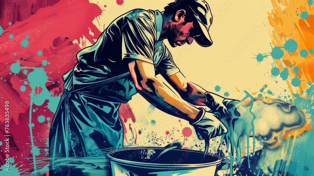 A depiction of a worker engaged in the task of removing and washing, highlighting the labor-intensive nature of cleaning jobs A depiction of a worker engaged in the task of removing and washing, highlighting the labor-intensive nature of cleaning jobs