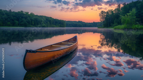 A photograph of a serene lake at dawn, the sky painted in soft pastels of pink and blue, reflecting on the still water.