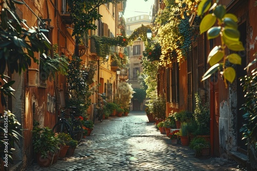 a narrow alley with cobbled paths, vibrant hanging plants and historic buildings under the warm afternoon sun.