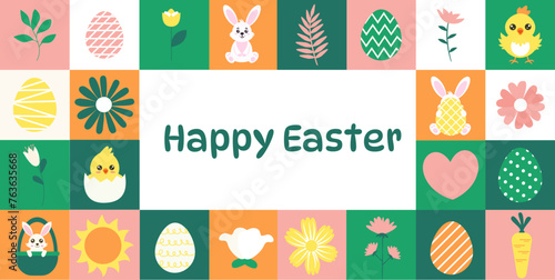 Happy Easter, spring rabbit, folk mosaic, banner. 