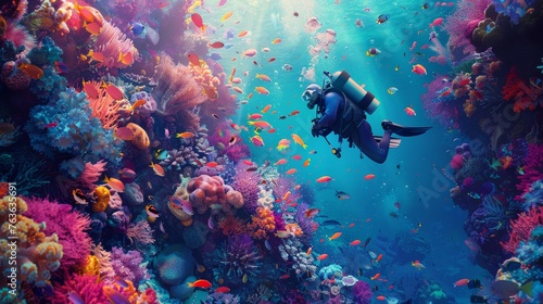 A diver explores an enchanting underwater world, rich with vibrant coral gardens and a kaleidoscope of tropical fish