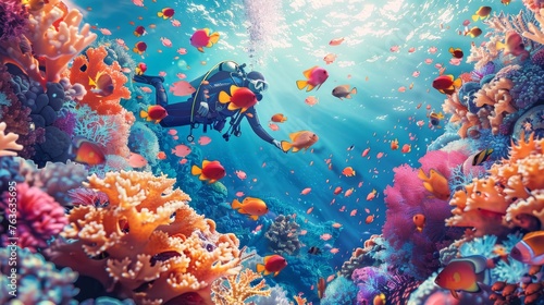 A diver explores an enchanting underwater world, rich with vibrant coral gardens and a kaleidoscope of tropical fish