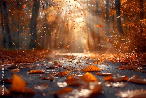 The enchanting scene of golden autumn leaves cascading onto a forest path bathed in the warm light of a sunrise