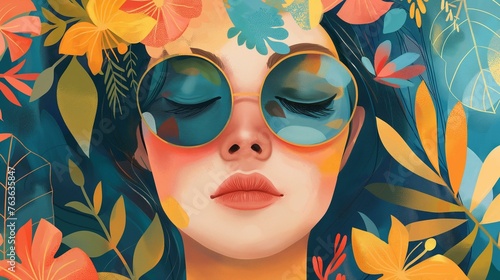 Serene Woman with Floral Elements and Sunglasses Illustration in Vibrant Colors