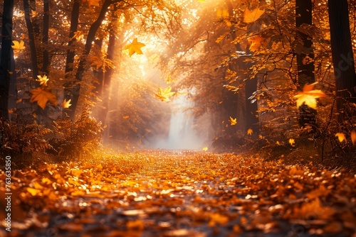 A magical morning as sunlight filters through the mist  illuminating the forest road with a soft  golden glow.